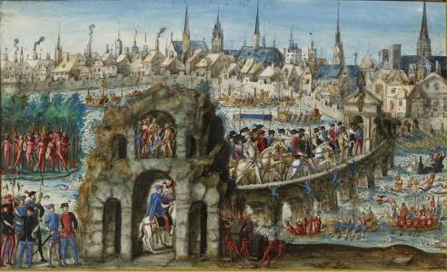 Entrada do rei Henrique II, da França, na cidade de Rouen em 1550. À esquerda, índios tupinambás. À direita e abaixo uma representação de guerra tupinambá e tabajara. Gravuras em manuscritos na Biblioteca Municipal de Rouen.